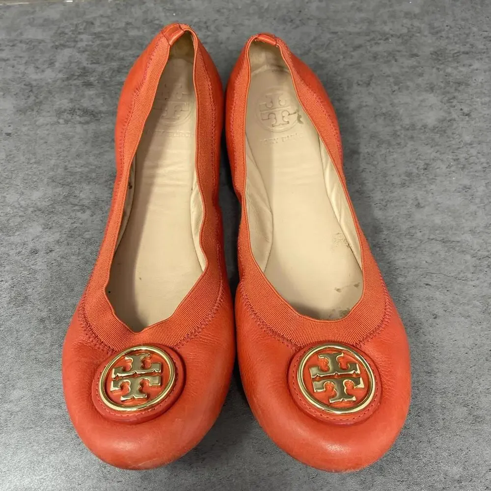Tory Burch Flats Womens Size 7 Minnie Ballet Orange Leather Slip On Shoes